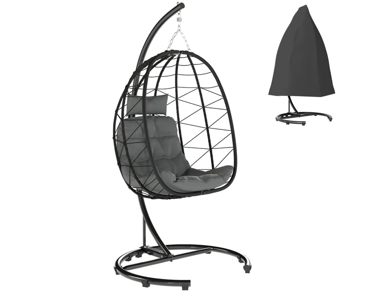  Fauteuil suspendu sur pied pliable en résine tressée gris foncé 102x102x195 cm  - Conforama A