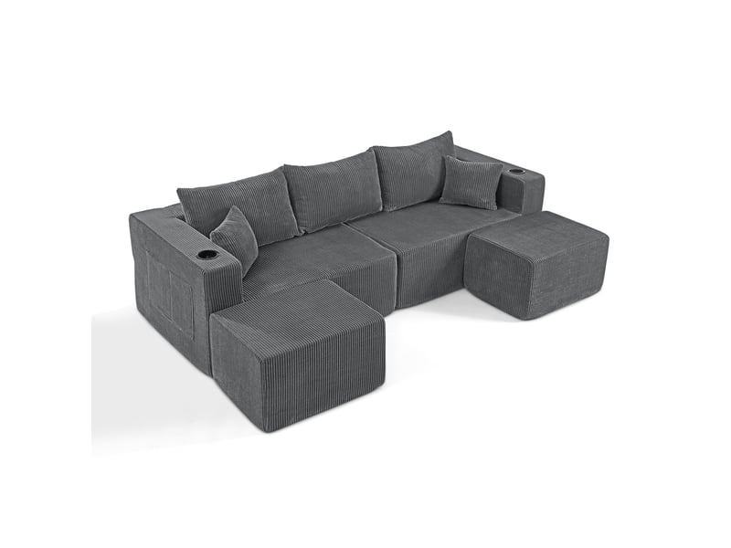 Canapé d’angle modulable 3 places avec ottomans mobiles - porte-gobelets, velours côtelé gris - Conforama A