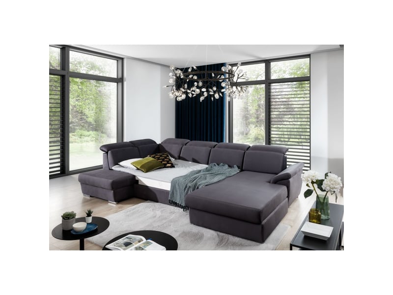  Canapé panoramique convertible majesta 5 places gris – angle droit avec coffre – version 2  - Conforama D