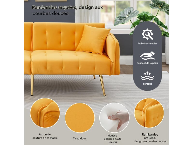  Canapé convertible 2 places en velours jaune WF306852853Y - Conforama D