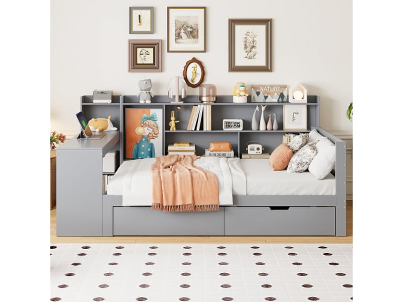  Lit enfant 90x200 cm, lit simple avec bureau, bibliothèque et étagères, prise électrique, en bois, gris  - Conforama B