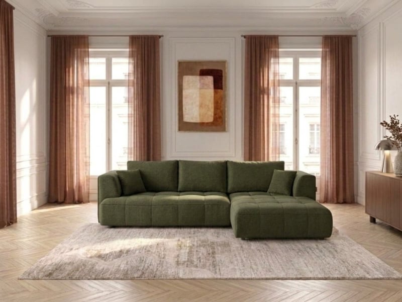 Bobochic canapé d'angle convertible avance-recule électrique clovis tissu lisse vert angle droit CLOVIS - Conforama B