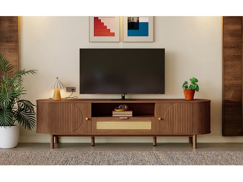  Meuble tv 175 cm en mdf noyer avec portes arrondies, tiroir et niche ouverte  - Conforama D