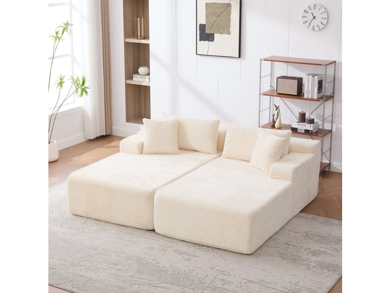  Canapé modulaire 2 places en chenille beige avec chaise longue  - Conforama D