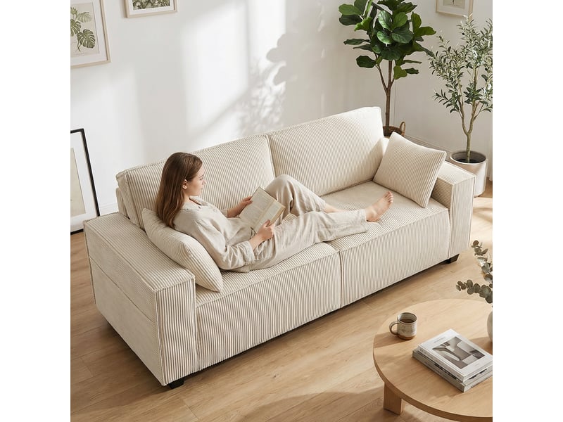  Canapé 3 places en velours côtelé 218 cm, canapé salon,  coussins à ressorts, larges accoudoirs, beige, 2 coussins  - Conforama W
