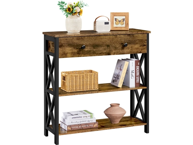 Table Console Avec 2 étagères – Meuble D’entrée 83x102x36 Cm – Noir Et Effet Chêne