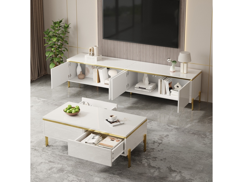Ensemble de 2 meubles de salon avec meuble tv et table basse finition brillante, rangement fermé et tiroirs, panneaux de particules, blanc - Conforama C