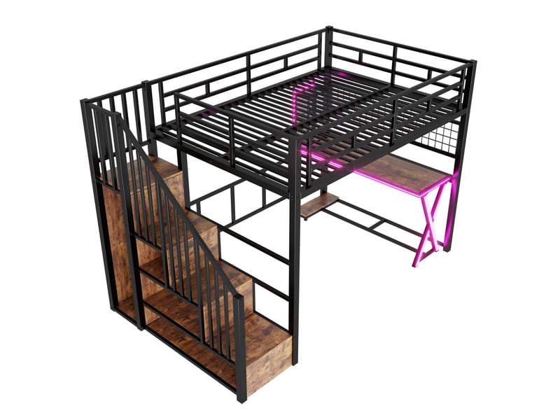  Lit mezzanine avec bureau et rangements noir 140x200 cm, led intégrée  - Conforama D