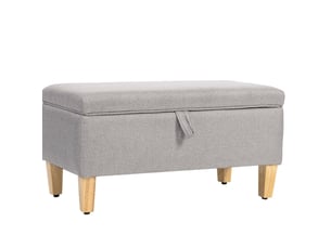 Banc coffre 71x37x36 cm, rangement intégré, pieds métal, assise douce, meuble bureau et salon, bois et lin, gris clair
