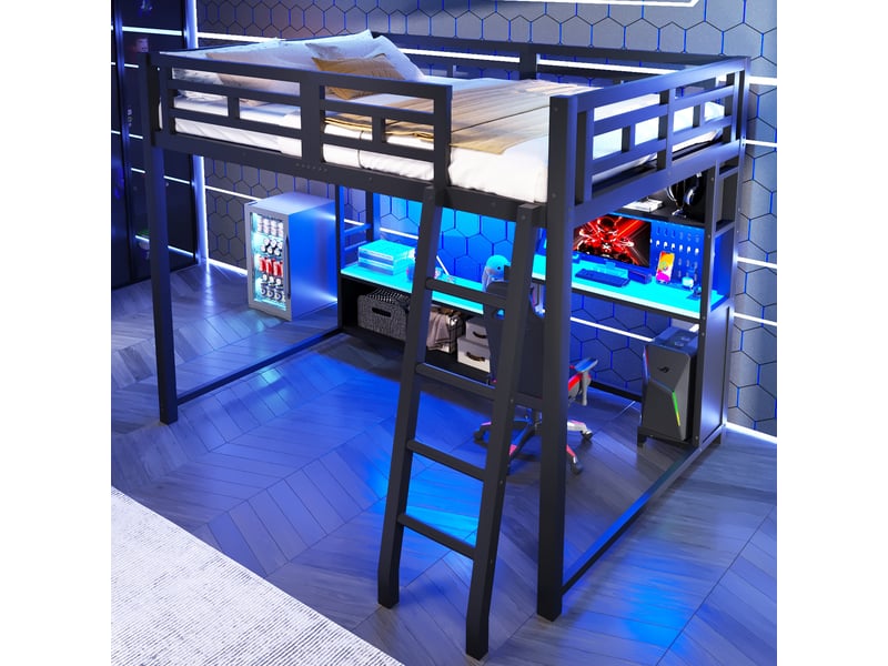  Lit mezzanine gaming 140x200 cm noir, avec bureau, led rgb, rangements, structure métal, sommier inclus, sans matelas  - Conforama W