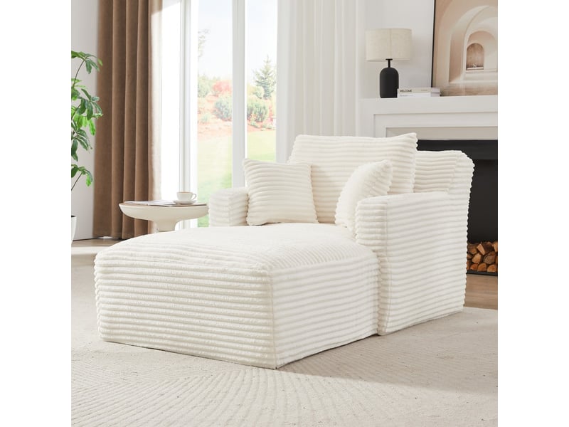  Chaise longue de relaxation moderne - 100x166x82cm - fauteuil de salon en velours côtelé design sans montage - crème  - Conforama C