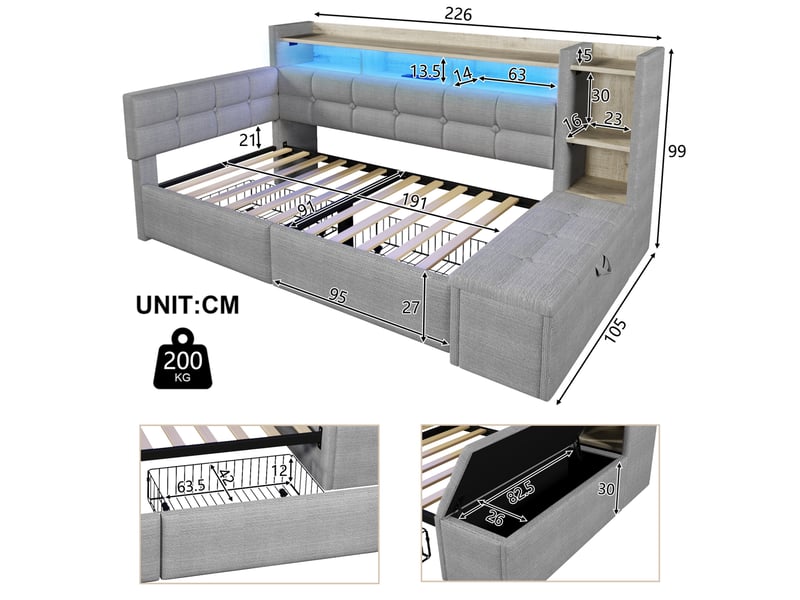  Lit enfant 90x190 cm, gain de place, avec 2 tiroirs, ports usb et type-c, led multicolore, velours, gris, sans matelas  - Conforama C
