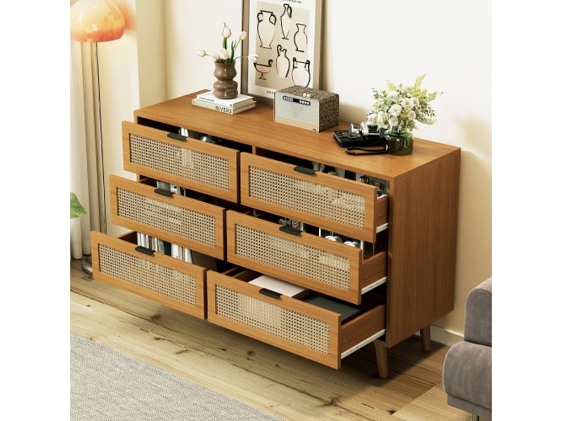  Commode à 6 tiroirs, commode chambre, meuble de rangement avec poignées en métal, noyer  - Conforama B