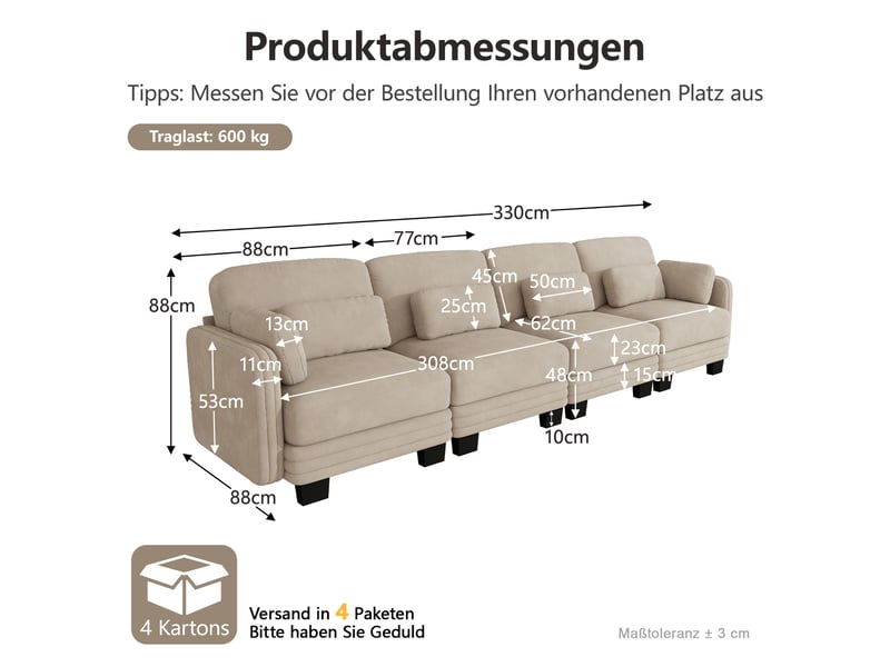  Canapé modulaire 4 places en chenille, canapé droit marron clair pour salon, coussins lombaires et accoudoirs inclus  - Conforama B