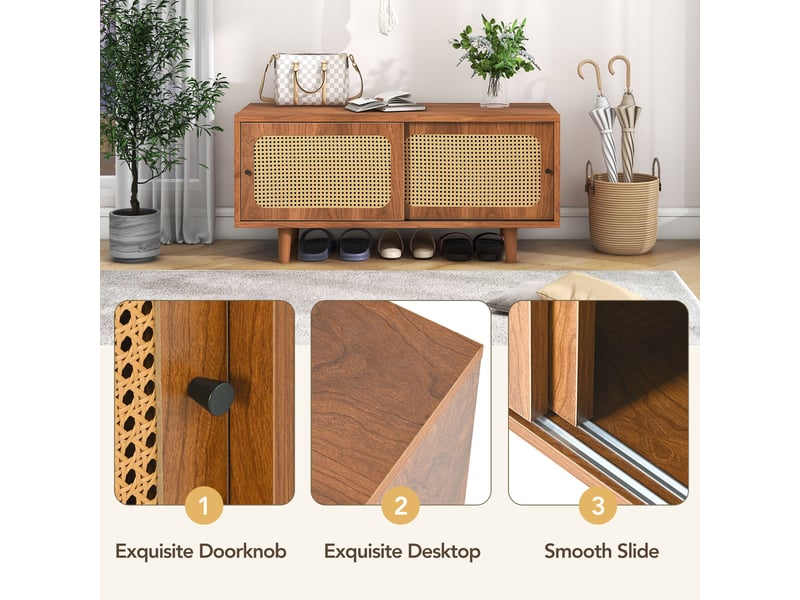 Ensemble buffet et meuble à chaussures en rotin, finition noyer, commode 3 portes et rangement à 2 portes coulissantes pour salon - Conforama R