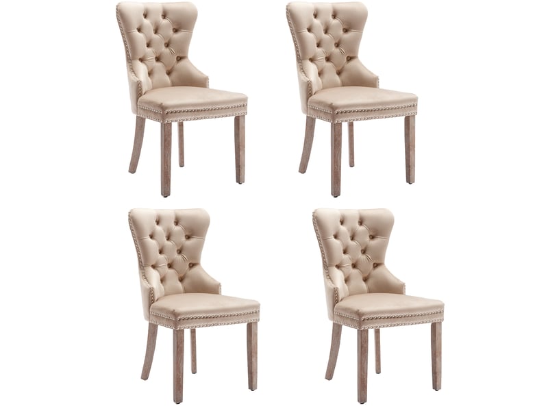  Chaise de salle à manger beige en velours avec pieds en bois massif et ornement clou, lot de 4 4071298018318 - Conforama A