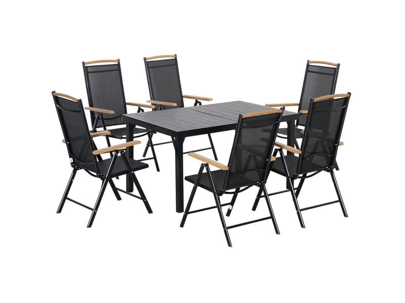  Salon de jardin 6 places avec table 140 x 90 cm et chaises pliantes réglables noires  - Conforama A