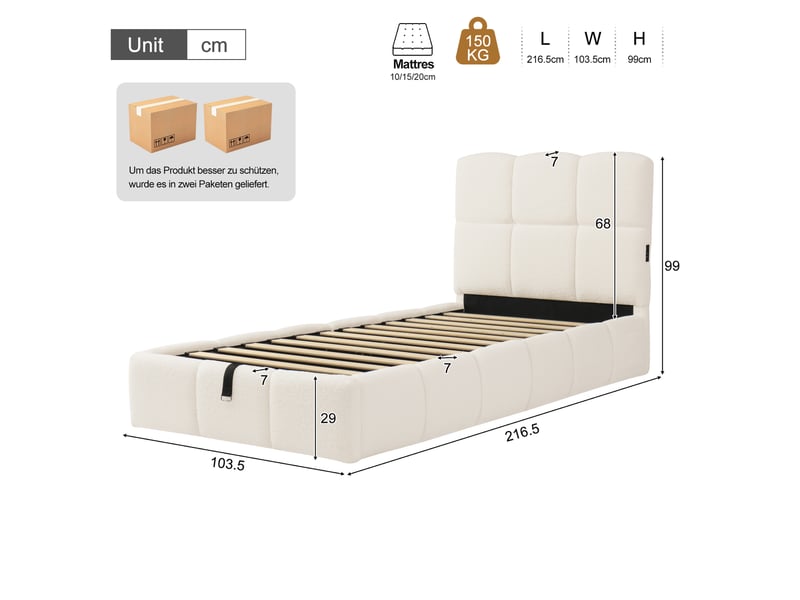  Lit coffre enfant simple 90×200 cm avec usb et type-c, sans matelas - okmyhome- en tissu bouclette beige  - Conforama D