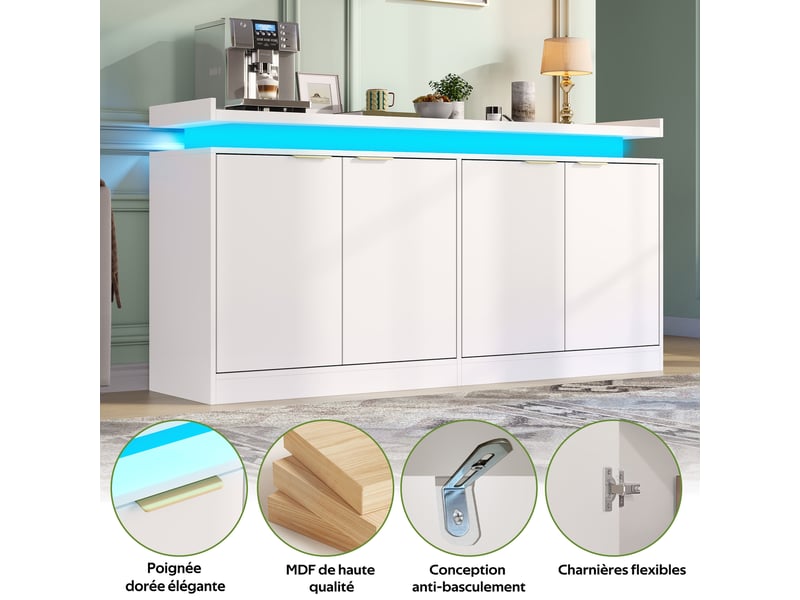  Buffet blanc 4 portes avec éclairage led rgb 160 cm en mdf  - Conforama W