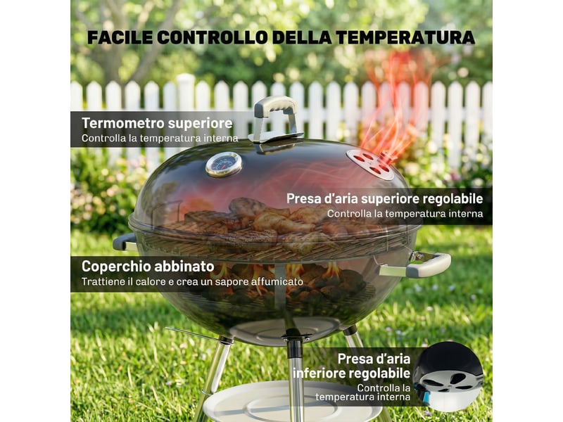  Barbecue à charbon rond avec thermomètre, grille ø53,5 cm et roues  - Conforama W