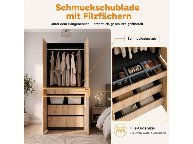  Armoire de chambre 90x50x200 cm, 4 portes avec tiroir à bijoux, penderie et 2 tiroirs, chêne et blanc  - Conforama E