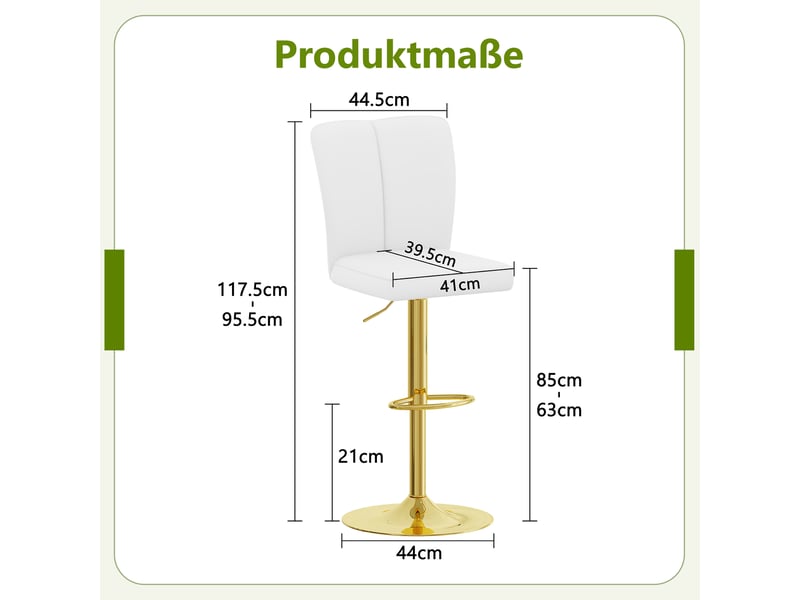  Lot de 2 tabourets de bar réglables,63-85 cm,similicuir et métal doré,blanc  - Conforama C