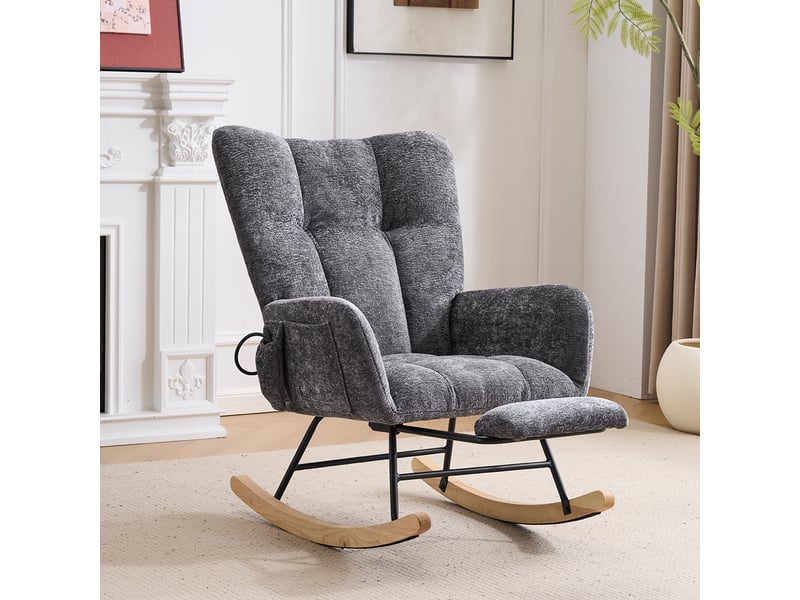  Rocking-chair en chenille avec coussins gonflables réglables, repose-pieds et rangement latéral, gris foncé  - Conforama B