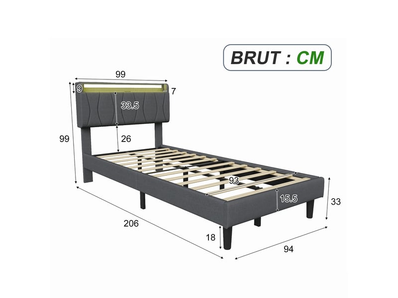  Lit simple capitonné 90x200cm avec cadre de lit à lattes et lumière led, tête de lit,gris  - Conforama C