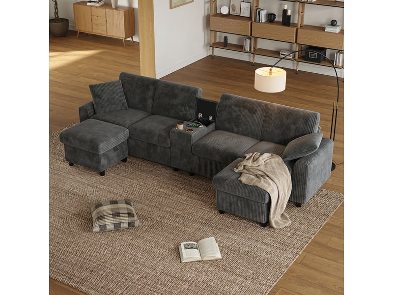  Canapé d'angle en u canapé modulable 4 places en velours côtelé avec 2 poufs de rangements 2 porte-gobelets ports usb, gris  - Conforama E