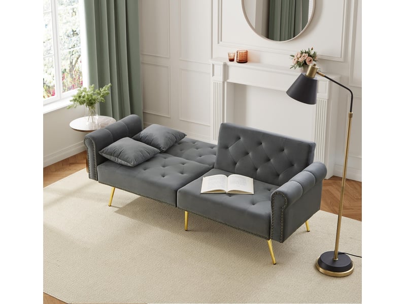 Canapé droit convertible - 2 places, design contemporain avec dossier multi-positions - revêtement velours, pieds métal - beige - Conforama B