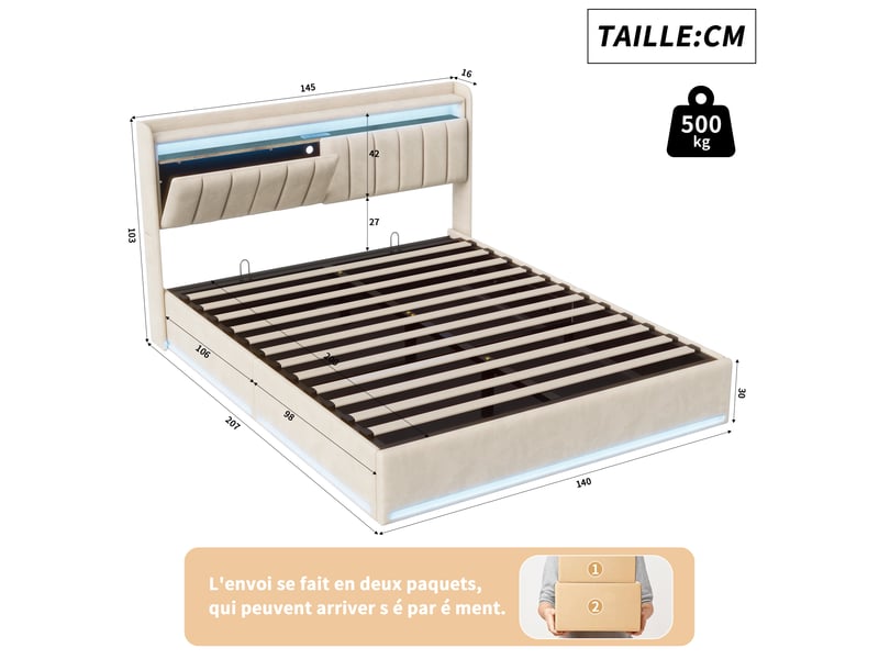  Lit double 140 x 200, lit coffre 140 x 200, éclairage led, port usb et type-c, table de chevet avec rangement, tissu de velours, beige  - Conforama D