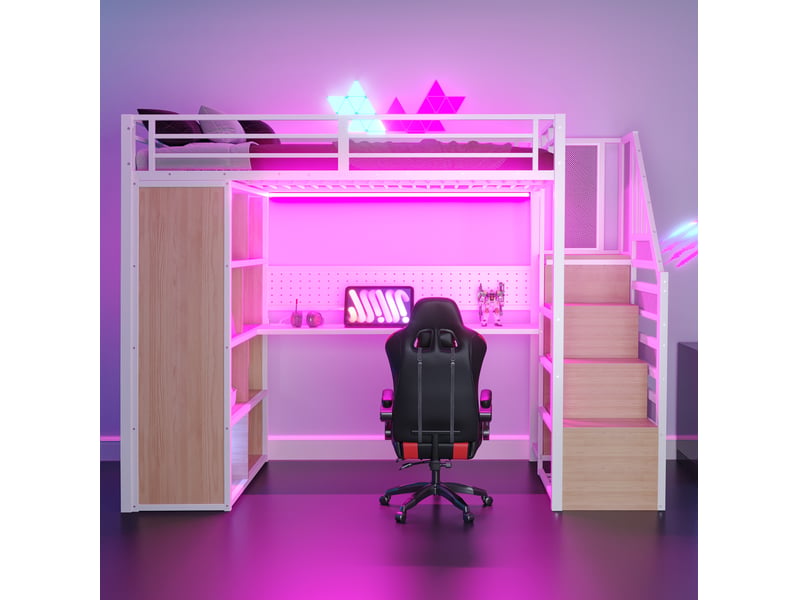 Lit mezzanine enfant 90x200 cm avec led, bureau long, armoire, rangement, escalier, métal+bois, blanc sans matelas  - Conforama D