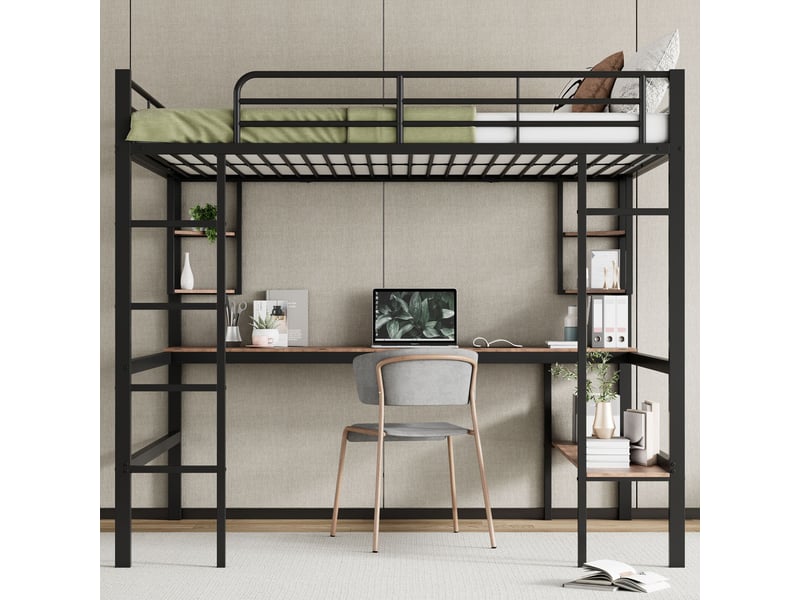  Lit mezzanine noir 140x200cm avec rangement, échelle, bureau et étagères, 5 étagères, sécurité renforcée - fer - pour enfant ado  - Conforama B