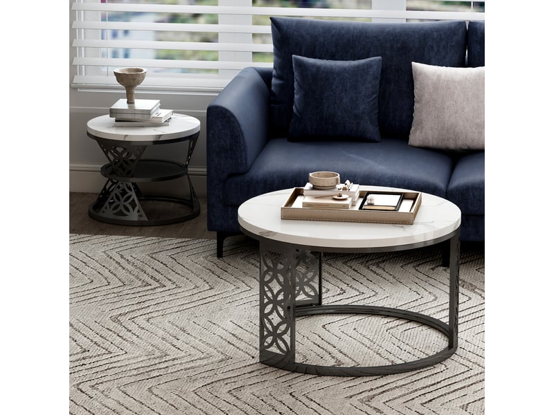  Table basse gigogne ronde 70x70x4545x45x37 cm, coloris blanc et noir  - Conforama E