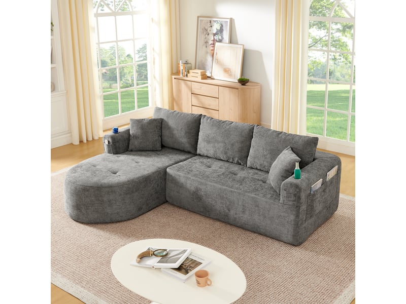 Canapé d'angle en l sans montage 255 x 170 cm 3 places avec porte-gobelet inox et rangements - Conforama E