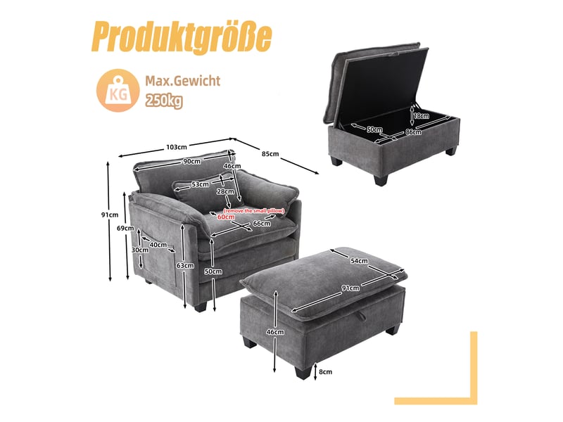  Fauteuil de détente 103x85x91 cm, avec pouf, sac de rangement, tissu chenille, gris Cozy Nook - Conforama C