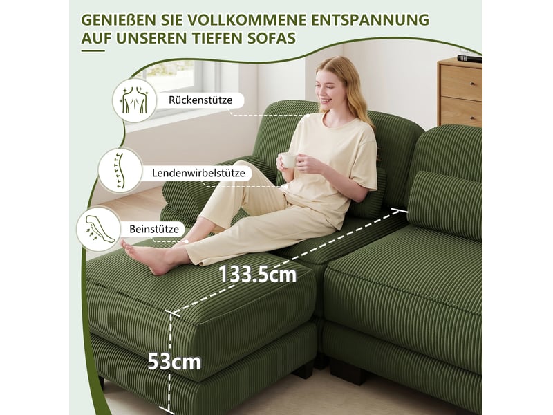 Canapé modulable en l 4 places 336x161x94 cm avec pouf, assise profonde, combinaison flexible, tissu côtelé vert - Conforama D