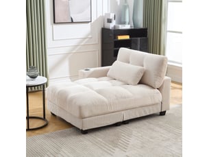 Fauteuil relax fixe en velours côtelé beige avec usb, 2 porte-gobelets et rangement latéral, pour vos pauses