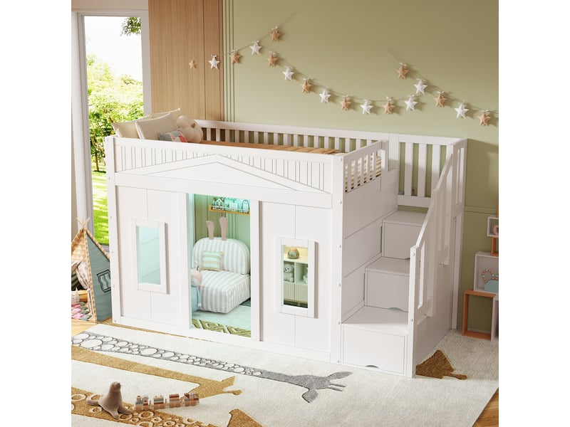  Lit mezzanine 90 x 200 cm avec escalier-rangement 3 compartiments, fenêtre et led, blanc, pin et mdf, 253 x 95 x 150 cm Fay Lum - Conforama E
