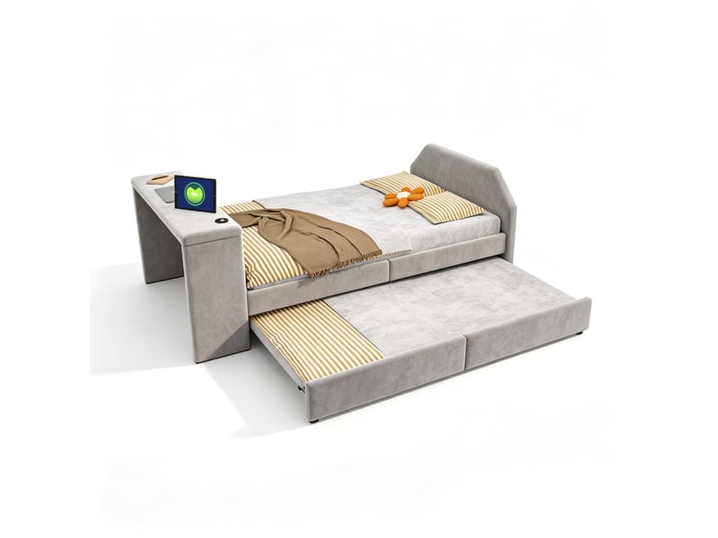  Lit pour enfant rembourré 90x200 cm – avec port de charge usb – avec lit gigogne – velours – gris (matelas non inclus)  - Conforama A
