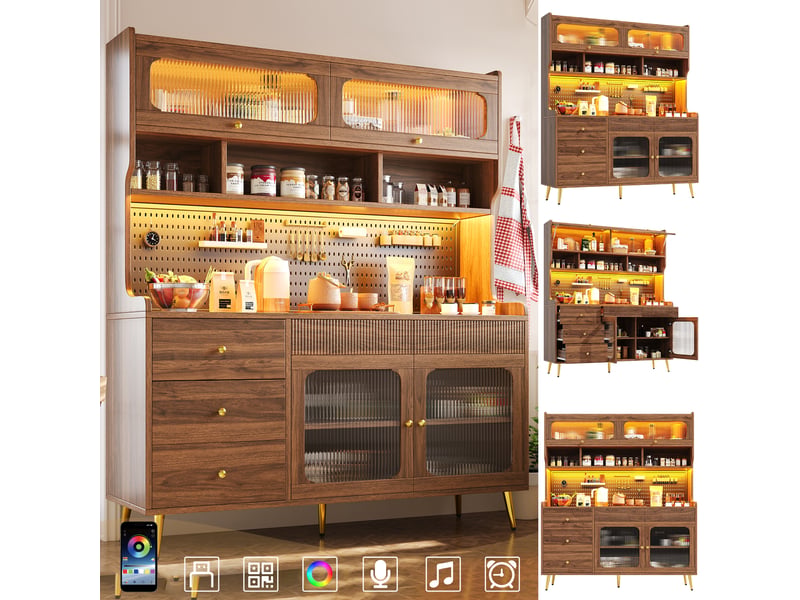  Buffet moderne avec éclairage led et contrôle par application, colonne de rangement étroite pour cuisine et séjour,(145 x 39 x 171 cm), noyer  - Conforama D