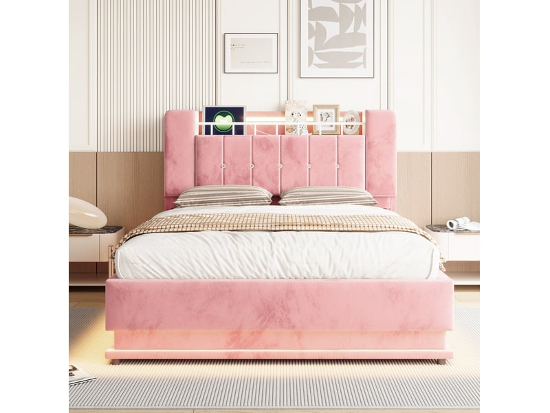  Lit 140x200 cm rose en velours avec led, usb, prises et rangement hydraulique, structure métal, sans matelas  - Conforama E