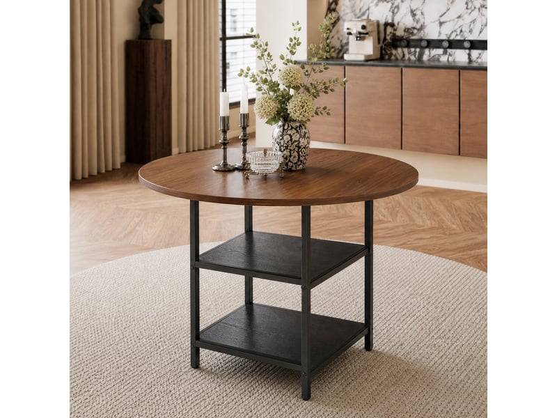  Table à manger ronde 107 cm avec double étagère de rangement - lpospi - plateau mdf aspect noyer, métal noir  - Conforama B