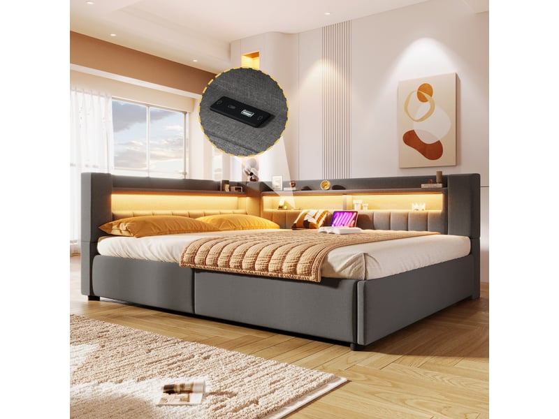  Lit coffre hydraulique 140x200 cm avec led et usb-c, tissu lin gris, structure mdf, sans matelas  - Conforama R