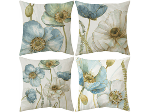 Housse de coussin extérieur 45 x 45 cm, lot de 4 housses de coussin imperméables motif floral jaune et bleu