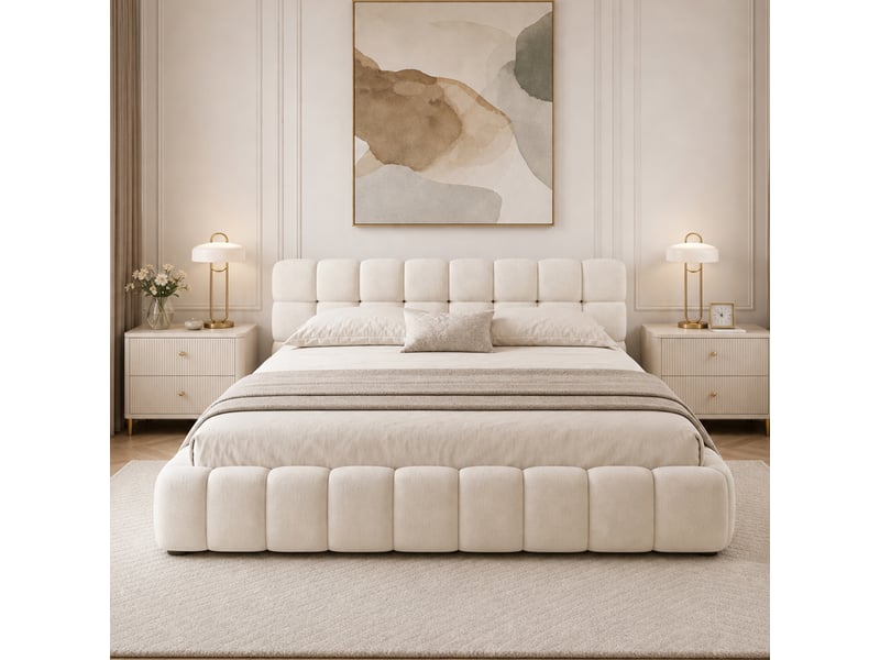  Lit à bulles rembourré 140 x 190 cm, lit double rembourré pour adolescent avec sommier à lattes et tête de lit rembourrée, lit plat pour adulte, lin, beige, sans matelas  - Conforama C