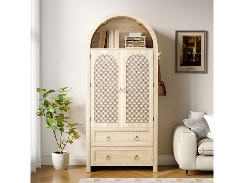 Armoire 80x40x180cm, tablettes ajustables et crochets latéraux, 2 tiroirs, portes en cannage de rotin, niche cintrée, style vintage  - Conforama C