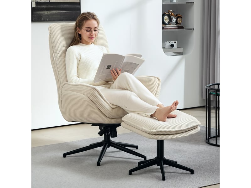  Fauteuil pivotant rembourré avec repose-pieds, fauteuil inclinable moderne pour salon, chambre, bureau, beige  - Conforama C
