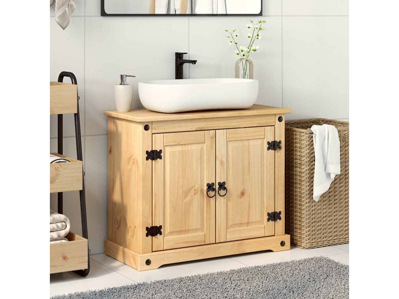  Armoire lavabo salle de bain, meuble de rangement corona bois de pin massif  - Conforama C