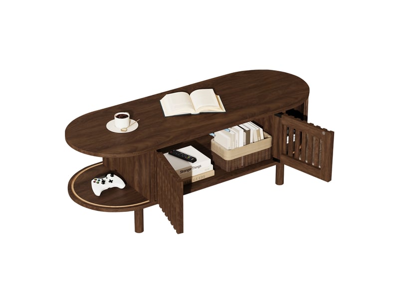  Table basse ovale 100 cm en mdf bois foncé, pieds en bois, 2 portes à lamelles et porte coulissante rétro  - Conforama A